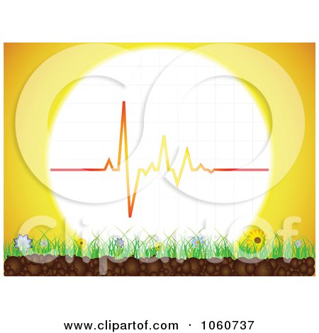 Royalty-Free Vector Clip Art Illustration of a Heart Beat Sun Over Grass, Flowers And Soil by Andrei Marincas