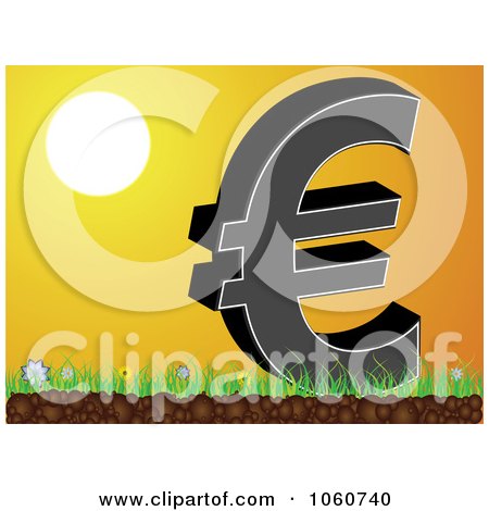 Royalty-Free Vector Clip Art Illustration of a Euro Symbol On Grass Against An Orange Sunest by Andrei Marincas