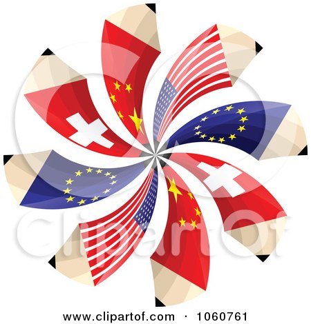 Royalty-Free Vector Clip Art Illustration of a Spiral Of Swiss, European, American, And Chinese Flag Pencils by Andrei Marincas