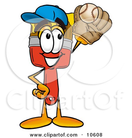 Clipart Picture of a Paint Brush Mascot Cartoon Character Catching a Baseball With a Glove by Mascot Junction