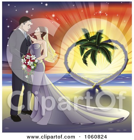 Royalty-Free Vector Clip Art Illustration of Wedding Couple On A Tropical Beach With A Heart Tree by AtStockIllustration