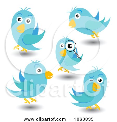 Royalty-Free Vector Clip Art Illustration of a Digital Collage Of Blue Birds Winking, Inspecting And Flying by vectorace