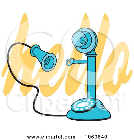 Royalty-Free Vector Clip Art Illustration of a Blue Candlestick Phone Over Orange Hello Text by Johnny Sajem