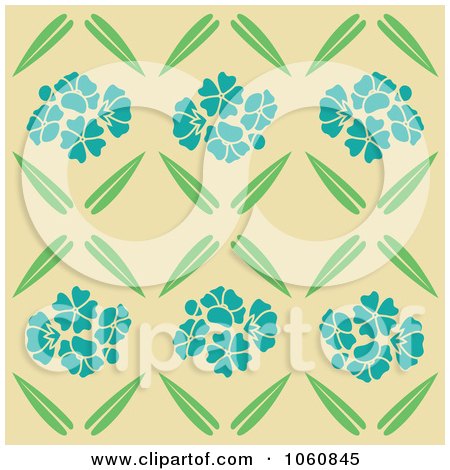 Royalty-Free Vector Clip Art Illustration of a Blue Flower And Leaf Pattern Over Tan by Cherie Reve