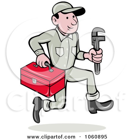 Royalty-Free Vector Clip Art Illustration of a Plumber Running With A Wrench And Tool Box by patrimonio