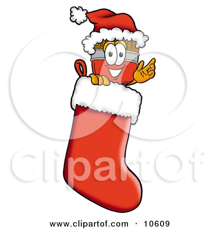 Clipart Picture of a Paint Brush Mascot Cartoon Character Wearing a Santa Hat Inside a Red Christmas Stocking by Mascot Junction
