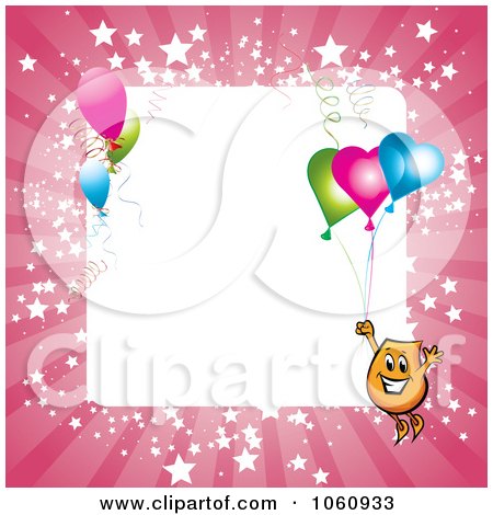 Royalty-Free Vector Clip Art Illustration of a Pink Starry Frame With A Blinky Character And Party Balloons Around White Space by MilsiArt