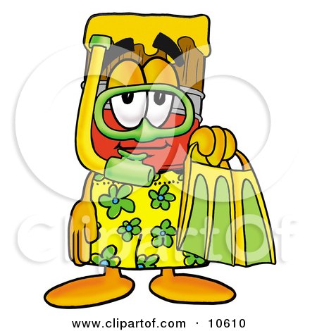 Clipart Picture of a Paint Brush Mascot Cartoon Character in Green and Yellow Snorkel Gear by Mascot Junction