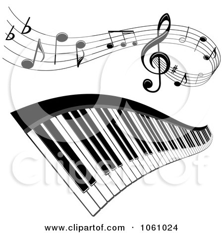 Royalty-Free Vector Clip Art Illustration of a Digital Collage Of Staffs With Music Notes And A Keyboard by Vector Tradition SM