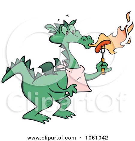 Royalty-Free Vector Clip Art Illustration of a Dragon Blowing Flames And Roasting A Hot Dog by gnurf