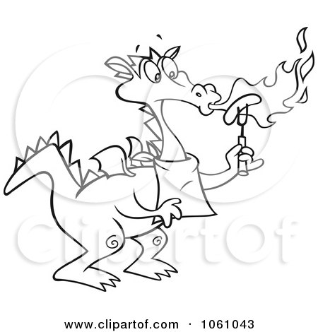 Royalty-Free Vector Clip Art Illustration of a Coloring Page Outline Of A Dragon Blowing Flames And Roasting A Hot Dog by gnurf