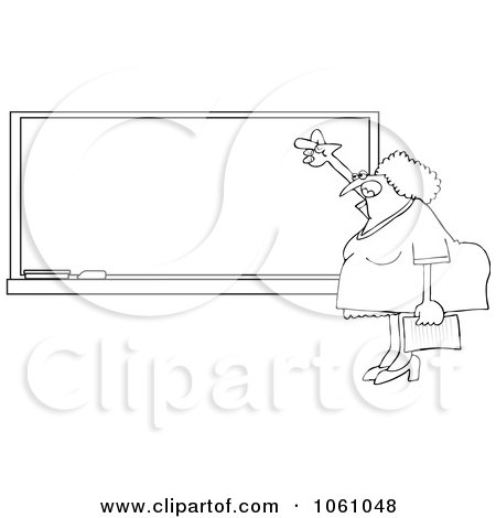 Royalty-Free Vector Clip Art Illustration of a Coloring Page Outline Of A Chubby Female Teacher Gesturing To A Blank Chalkboard by djart