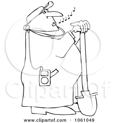 Royalty-Free Vector Clip Art Illustration of a Coloring Page Outline Of A Worker Leaning On A Shovel And Listening To Mp3 Music by djart