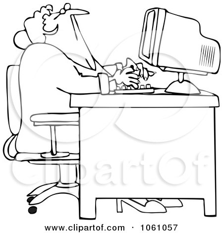 Royalty-Free Vector Clip Art Illustration of a Coloring Page Outline Of A Distracted Woman Looking Up Over Her Office Computer by djart