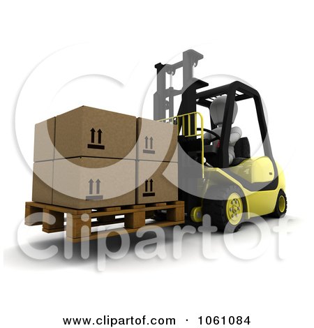 3d White Character Lifting Boxes On A Palette With A Forklift - Royalty Free CGI Clip Art Illustration by KJ Pargeter