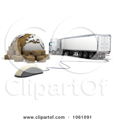 3d Big Rig Truck With A Computer Mouse, Globe And Shipping Packages - Royalty Free CGI Clip Art Illustration by KJ Pargeter