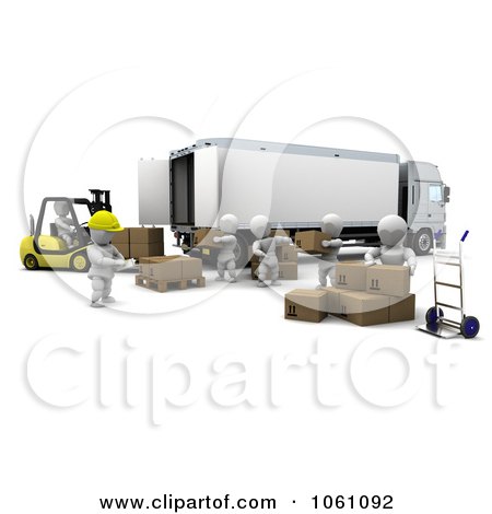 3d White Characters Using A Forklift To Load Packages In A Big Rig - Royalty Free CGI Clip Art Illustration by KJ Pargeter