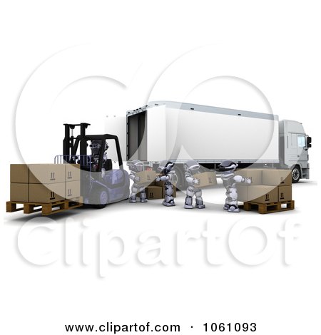 3d Robots Loading Boxes Into A Big Rig Truck - Royalty Free CGI Clip Art Illustration by KJ Pargeter