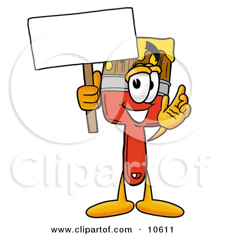 Clipart Picture of a Paint Brush Mascot Cartoon Character Holding a Blank Sign by Mascot Junction