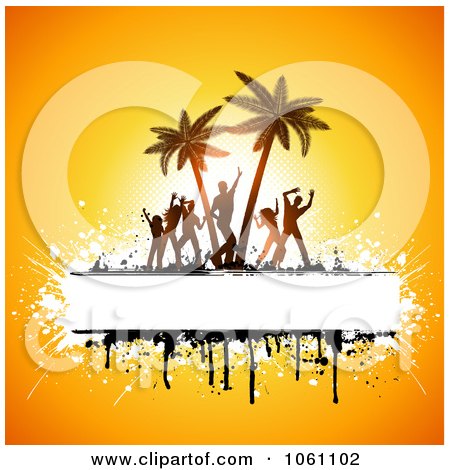 Silhouetted Beach Party Dancers And Palm Trees With Copyspace And Grunge On Yellow - Royalty Free Vector Clip Art Illustration by KJ Pargeter