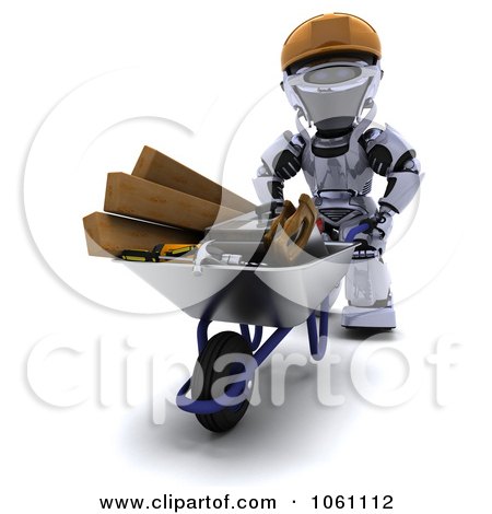 3d Robot Pushing Tools In A Wheelbarrow - Royalty Free CGI Clip Art Illustration by KJ Pargeter