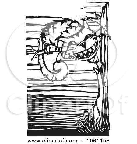 Royalty-Free Vector Clip Art Illustration of a Grinning Cheshire Cat In A Tree, In Black And White Woodcut Style by xunantunich