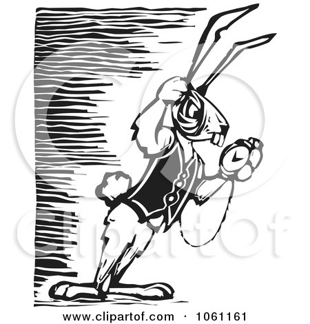 Royalty-Free Vector Clip Art Illustration of a Late Rabbit Checking His Pocket Watch, In Black And White Woodcut Style by xunantunich