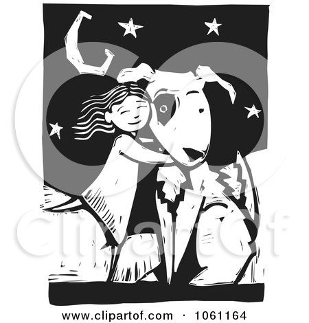 Royalty-Free Vector Clip Art Illustration of a Girl Hugging A Dog, In Black And White Woodcut Style by xunantunich