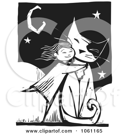 Royalty-Free Vector Clip Art Illustration of a Girl Hugging A Cat, In Black And White Woodcut Style by xunantunich