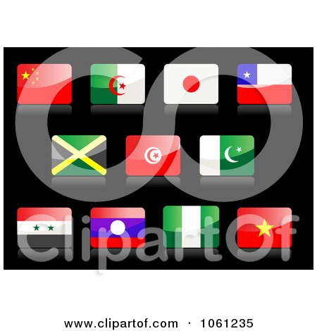 Royalty-Free Vector Clip Art Illustration of 3d Shiny China, Algeria, Japan, Chile, Jamaica, Tunisia, Islam, United Arab Or Syria, Laos, Nigeria And Vietnam Flag Icons by Vector Tradition SM