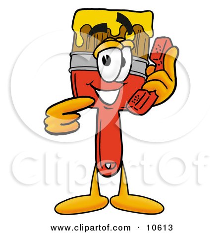 Clipart Picture of a Paint Brush Mascot Cartoon Character Holding a Telephone by Mascot Junction