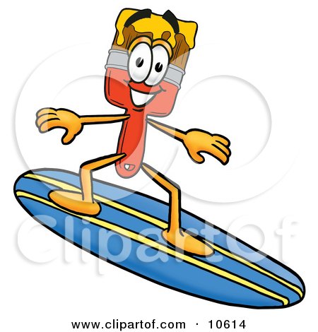 Clipart Picture of a Paint Brush Mascot Cartoon Character Surfing on a Blue and Yellow Surfboard by Mascot Junction