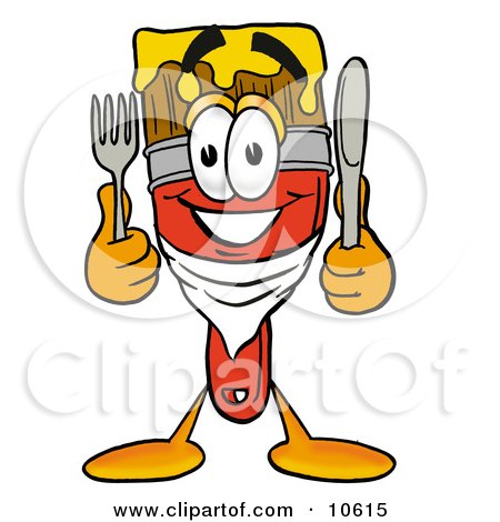 Clipart Picture of a Paint Brush Mascot Cartoon Character Holding a Knife and Fork by Mascot Junction