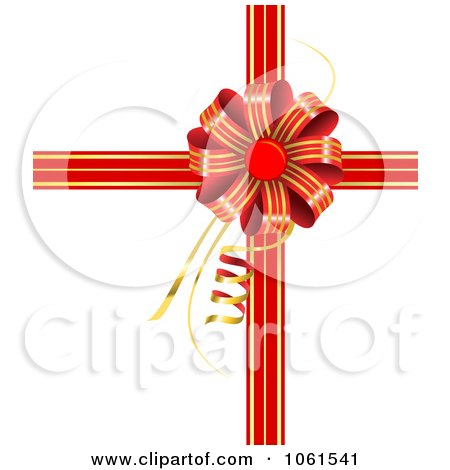 Royalty-Free Vector Clip Art Illustration of a Red And Gold Striped Gift Bow And Ribbons Over White by Vector Tradition SM