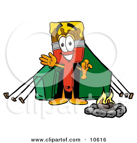 Clipart Picture of a Paint Brush Mascot Cartoon Character Camping With a Tent and Fire by Mascot Junction