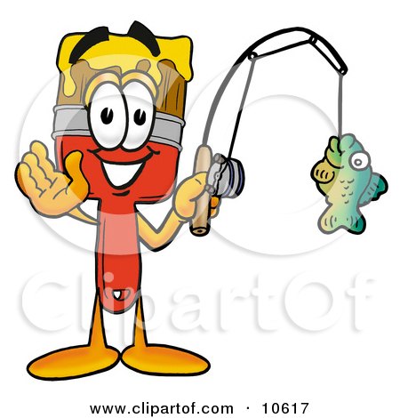 Clipart Picture of a Paint Brush Mascot Cartoon Character Holding a Fish on a Fishing Pole by Mascot Junction