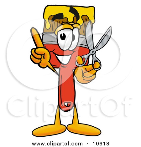 Clipart Picture of a Paint Brush Mascot Cartoon Character Holding a Pair of Scissors by Mascot Junction
