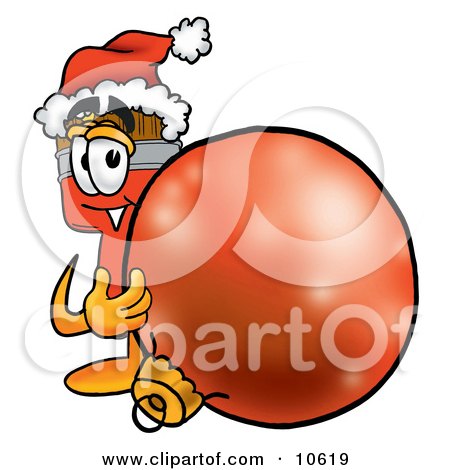 Clipart Picture of a Paint Brush Mascot Cartoon Character Wearing a Santa Hat, Standing With a Christmas Bauble by Mascot Junction
