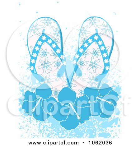 Clipart Blue Flip Flops With Hibiscus Flowers And Grunge - Royalty Free Vector Illustration by elaineitalia