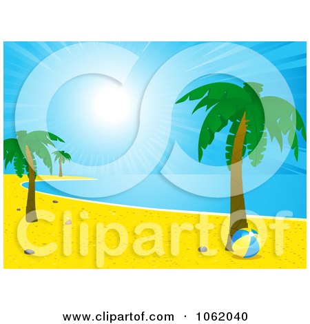 Clipart Tropical Coastline With Palm Trees And A Beach Ball - Royalty Free Vector Illustration by elaineitalia