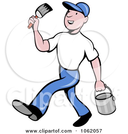 Clipart Happy Painter Worker Man Walking - Royalty Free Vector Illustration by patrimonio