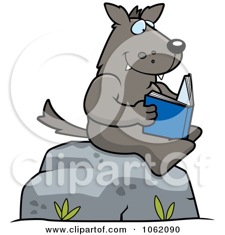 Clipart Wolf Reading A Book On A Boulder - Royalty Free Vector Illustration by Cory Thoman
