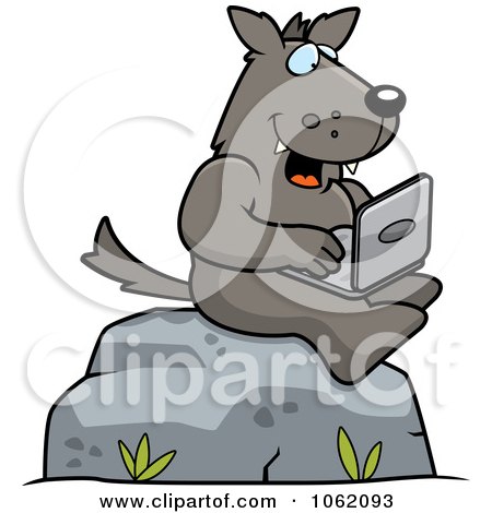 Clipart Wolf Using A Laptop On A Boulder - Royalty Free Vector Illustration by Cory Thoman