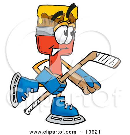 Clipart Picture of a Paint Brush Mascot Cartoon Character Playing Ice Hockey by Mascot Junction