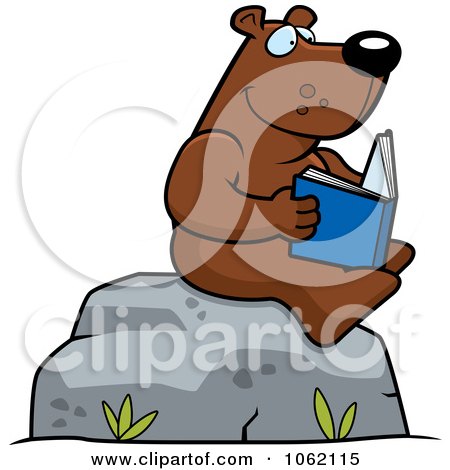 Clipart Bear Reading A Book On A Boulder - Royalty Free Vector Illustration by Cory Thoman