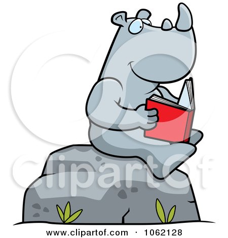Clipart Rhino Reading A Book On A Boulder - Royalty Free Vector Illustration by Cory Thoman