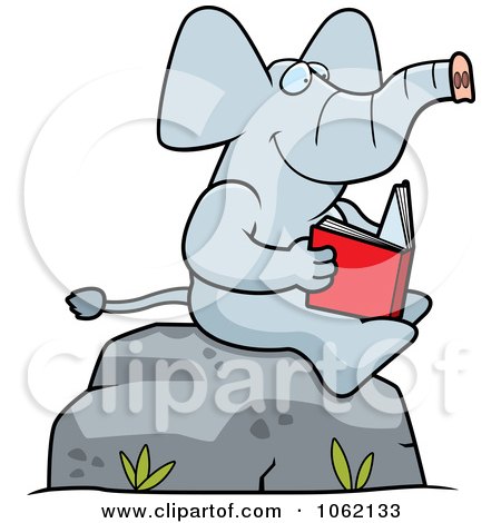 Clipart Elephant Reading A Book On A Boulder - Royalty Free Vector Illustration by Cory Thoman