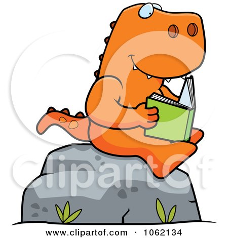 Clipart T Rex Reading A Book On A Boulder - Royalty Free Vector Illustration by Cory Thoman