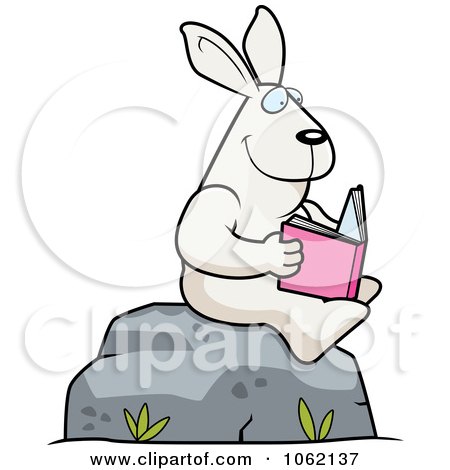 Clipart Rabbit Reading A Book On A Boulder - Royalty Free Vector Illustration by Cory Thoman