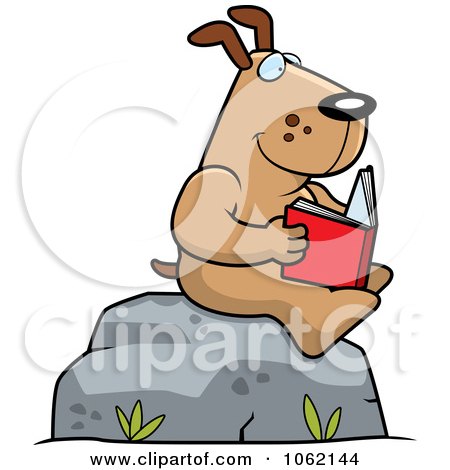 Clipart Dog Reading A Book On A Boulder - Royalty Free Vector Illustration by Cory Thoman